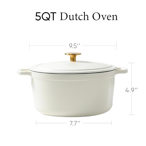 5QT Cream White Enameled Cast Iron Dutch Oven Pot with Lid
