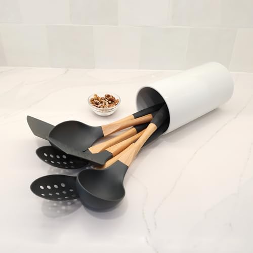 5pc Dark Grey Nylon Wooden Kitchen Utensils with Cooking Spoons