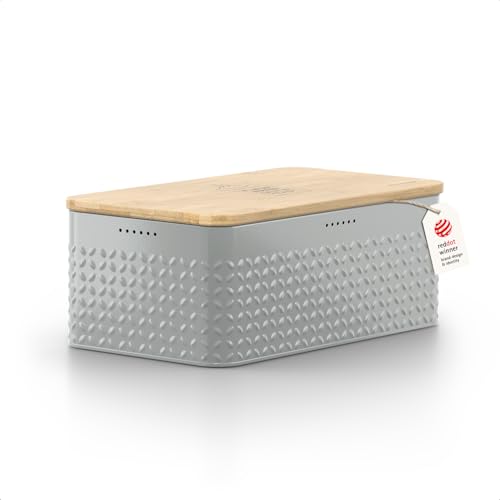 Bread Box I Metal Box for long lasting freshness I Bread Bin with bamboo lid usable as cutting board I 13.4x7.7x5.3In