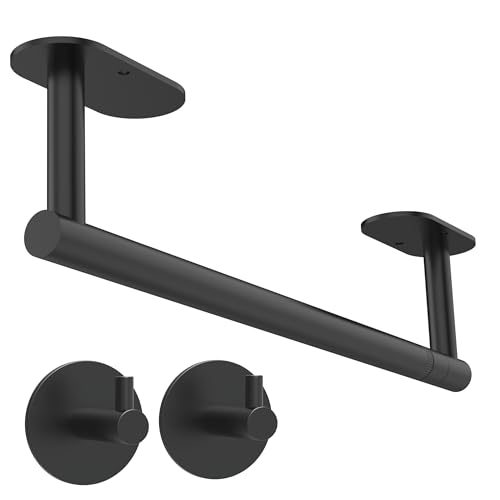 Black Paper Towel Holder Under Cabinet with 2 Hooks Self Adhesive
