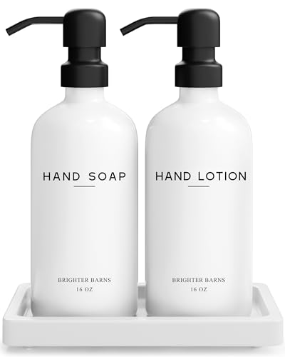 White Glass Soap and Lotion Dispenser Set with Tray by Brighter Barns