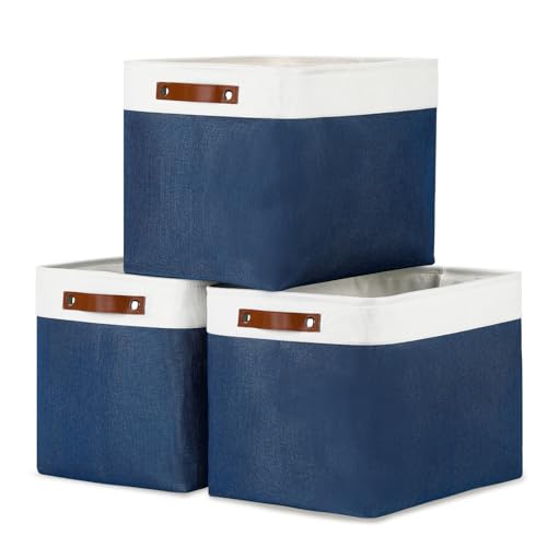 Large Storage Baskets with Leather Handles for Linen Closet and Home Office (3 Count)