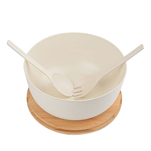 Bamboo Fiber Salad Bowl with Servers Set Large 9.8 inches Nature Bamboo Mixing Bowl with Servers with Lid Spoon and Fork for Fruits