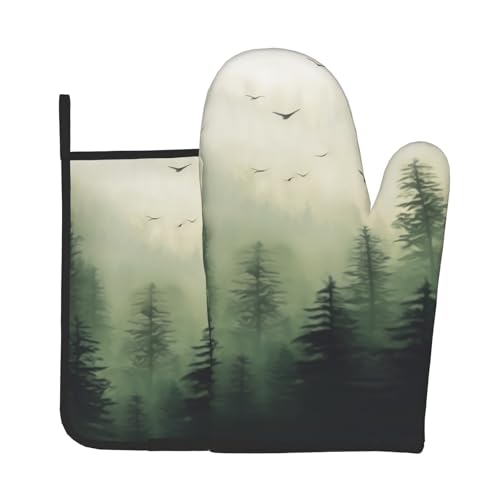 Green Misty Forest Oven Mitts and Pot Holder Set of 2 Mountain Woodland Heat Resistant Kitchen Gloves Hot Pad for Baking Cooking Microwave