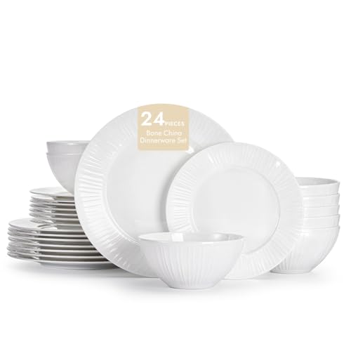 24Pc Textured White Bone China Set Service for 8