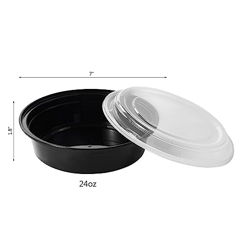 24 oz 150 ct Round Meal Prep Food Storage Containers with Lids To Go Plastic Lunch Plan Box Disposable Take Out Bowls Black BPA Free Reusable Durable Stackable Microwave Freezer Dishwasher Safe (150 Count)