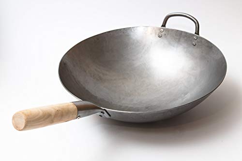 Traditional Hand Hammered Chinese Carbon Steel Wok with Wooden and Steel Helper Handle