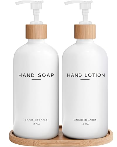 White Glass Soap and Lotion Dispenser Set with Tray by Brighter Barns (2 Count)
