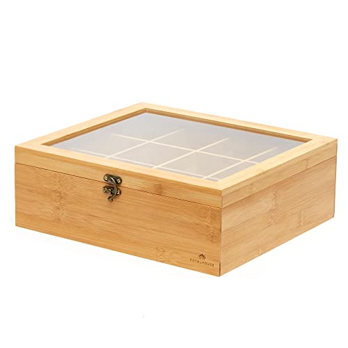 Natural Bamboo Tea Storage Organizer with Clear Acrylic Top Window