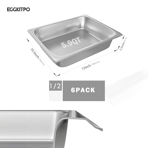6-Pack 1/2 Size Stainless Steel Catering Pan, 2.5 Inch Deep Hotel Pan for Restaurant, Buffet, Party Supplies (6 Count)