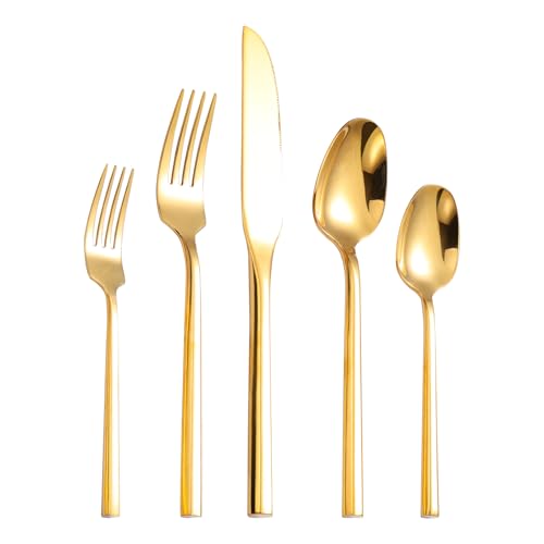 Mirror Silverware Set Gold Flatware Set with Hexagon Handle 20 Pieces 18 (20 Count)