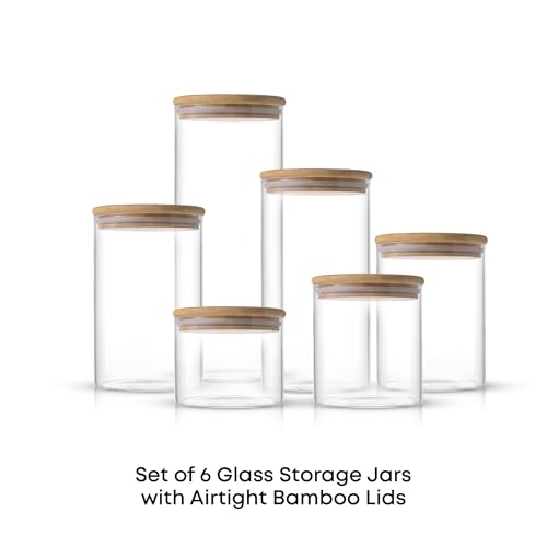 Borosilicate Glass Jars With Bamboo Lids. 6 Pc Set of Air Tight Sealable Containers. Food Jar Canisters with Airtight Lid for Pantry Storage and Kitchen Organization. (6 Count)