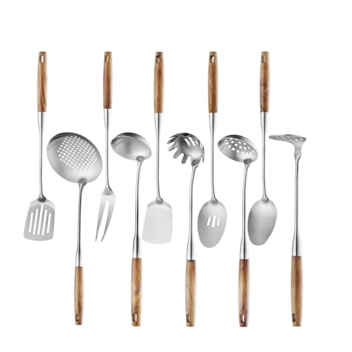 10 Pcs Cooking Utensils Set 304 Stainlss Steel Kitchen Utensils Set Heat Resistant Wooden Handle Kitchen Tools Metal Kitchen Utensil Soup Ladle Set (10 Count)
