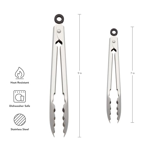 Set of 2 Stainless Steel Tongs with Scalloped Edges Easy Lock Dishwasher Safe Durable and Versatile 7 Inch and 9 Inch Silver