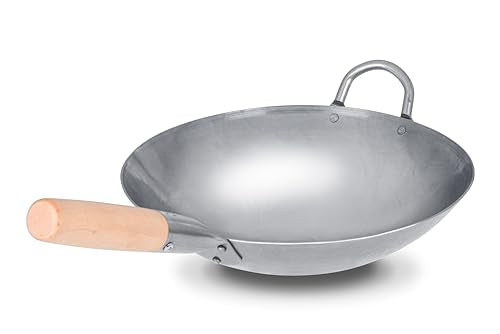 Traditional Hand Hammered Chinese Carbon Steel Wok with Wooden and Steel Helper Handle
