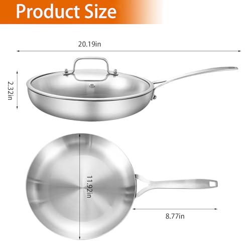 Tri Ply Stainless Steel Frying Pan 12" With Lid Kitchen Skillet
