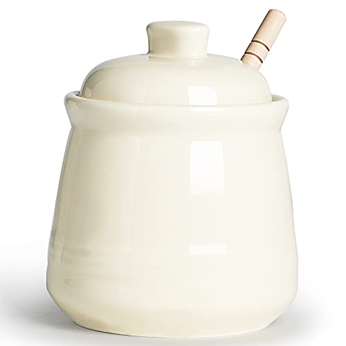 Porcelain Honey Jar with Lid and Honey Dipper (12 Ounce)