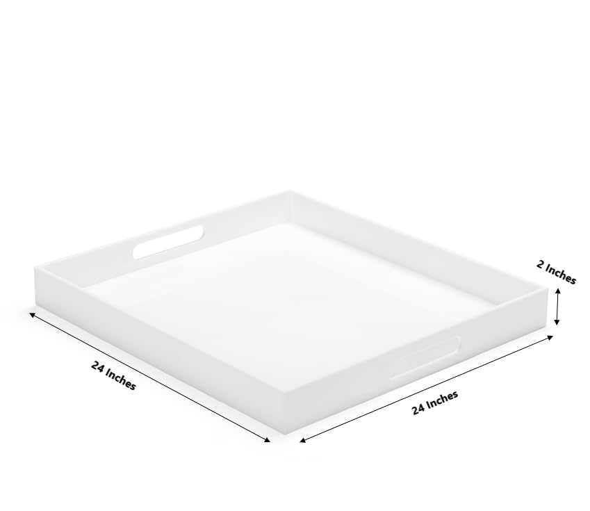 White Acrylic Ottoman Tray with Cutout Handles 24x24 Inch Over