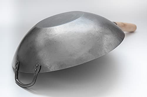 Flat Hand Hammered Carbon Steel Pow Wok with Wooden and Steel Helper Handle