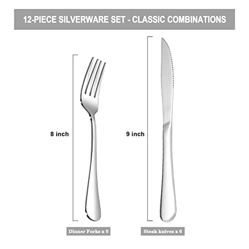 12 Pcs Silverware Set with 6 Steak Knives and 6 Dinner Forks (12 Count)