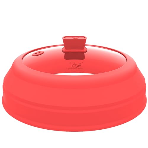 Microwave Splatter Cover Glass Splatter Guard Lid with Collapsible Silicone for Small Bowls Food Plate Cover 9 inch Red