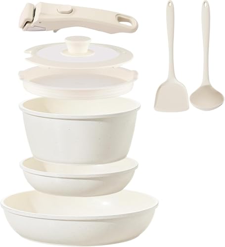 Ceramic Cookware Set Non Stick 8Pcs Pots and Pans Set Detachable Handle Induction Kitchen Cooking Set with Frying Pans Oven Dishwasher Safe
