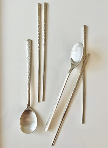 Korean Made Silver Glossy Hammered Stainless Steel Korean Spoon & Chopstick SET Stocking Stuffer Gift for Mom