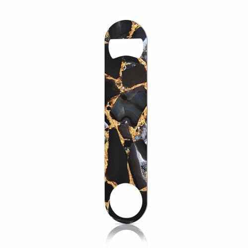 Agate Marble Stainless Steel Bottle Opener Luxurious Polished Quartz Stone Abstract Golden Veins Natural Flat Beer Bottle Opener Keychain for Home Kitchen Bar Restaurant Party Birthday Gift