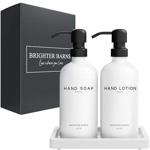 White Glass Soap and Lotion Dispenser Set with Tray by Brighter Barns