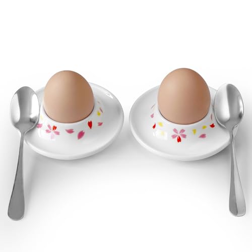 Ceramic Sakura Egg Holder Set of 2 Porcelain Holder With 2 Stainless Steels Egg Spoons Breakfast Boiled Cooking Easy to Clean Childhood Memories Kitchen