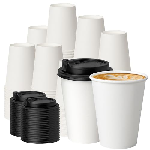 100 Pack 12 oz Disposable Coffee Cups with Lids (100 Count)