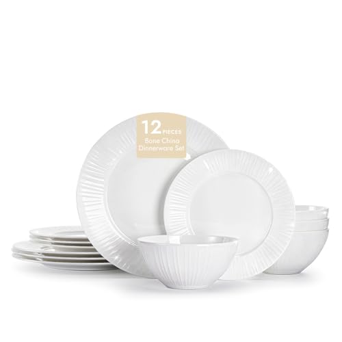 12Pc Textured White Bone China Set Service for 4