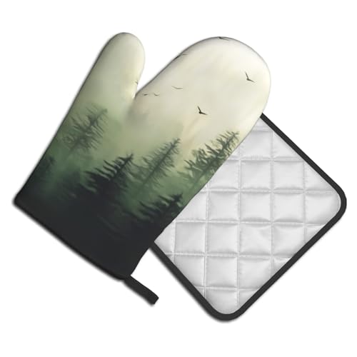 Green Misty Forest Oven Mitts and Pot Holder Set of 2 Mountain Woodland Heat Resistant Kitchen Gloves Hot Pad for Baking Cooking Microwave