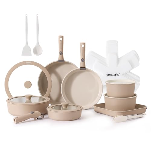 24 Piece Ceramic Detachable Handle Pots and Pans Set Almond Beige