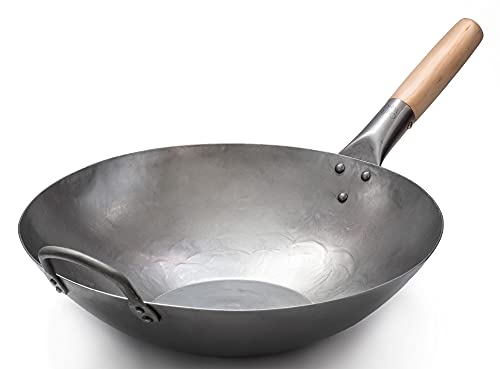 Flat Hand Hammered Carbon Steel Pow Wok with Wooden and Steel Helper Handle