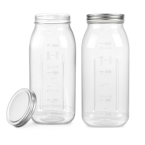 64 oz Large Plastic Mason Jars with Airtight Lids Wide Mouth (2 Count)