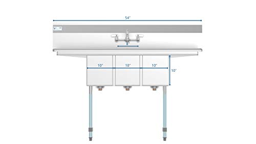 3 Compartment Stainless Steel NSF Commercial Kitchen Sink with Faucet and Cross braced Legs