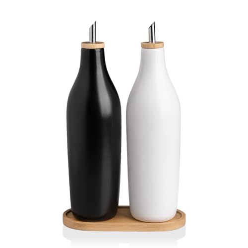 Sweejar Matte Ceramic Olive Oil Dispenser Bottles with Bamboo Tray