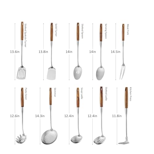 10 Pcs Cooking Utensils Set 304 Stainlss Steel Kitchen Utensils Set Heat Resistant Wooden Handle Kitchen Tools Metal Kitchen Utensil Soup Ladle Set (10 Count)