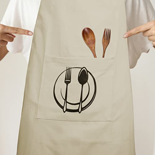 Unisex Cotton Apron With Printed Pocket Beige 24x36