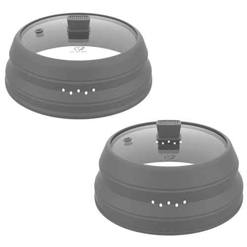 2 Pack Microwave Splatter Cover Glass Guard Lid with Collapsible Silicone for Food Pot Plate 8.5 inch and 9.8 inch Grey (2 Count)