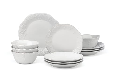 French Perle White Stoneware Dinnerware Set with All (12 Count)