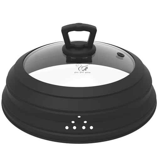 Tall Microwave Splatter Cover Glass Cover Guard Lid 7 inch Height with Collapsible Silicone for Food Pot Plate 12.5 inch Black