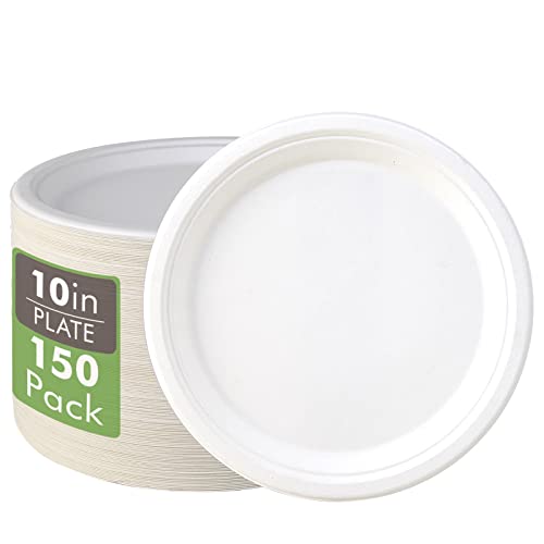 150 Pack Compostable Disposable Paper Plates 10.25 inch Super Strong Paper Plates 100% Bagasse Natural Biodegradable Eco (150 Count)