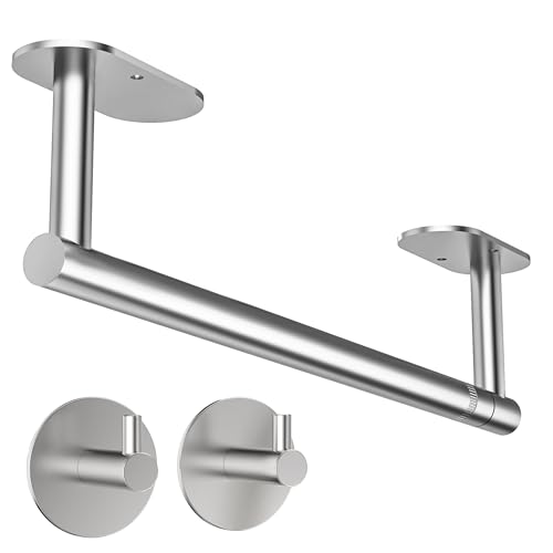 Paper Towel Holder Under Cabinet with 2Hooks Self Adhesive Silver