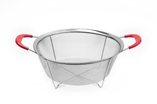 Hercules Chef by Mundial 9.8" Stainless Steel Colander Strainer with Red Silicone Handles