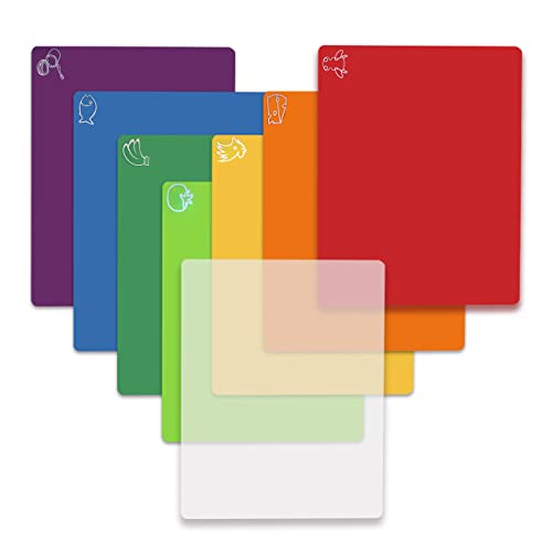 Cutting Board Mats Flexible Plastic Colored Mats with Food Icons (8 Count)