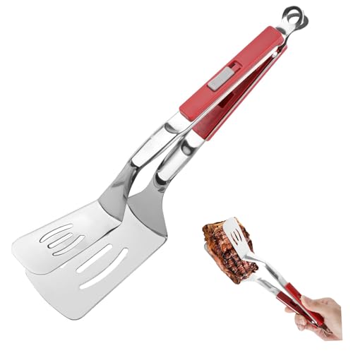 Anti Scald Extended Handle Spatula Tongs 11.6 Inch Multifunctional Stainless Steel Cooking Tongs Food Shovel Clamp for Flipping Steak Fish Bread Hamburger BBQ Frying Pancake Pies Pizza