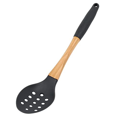 Grey Nylon Slotted Spoon with Wooden Handle Kitchen Utensils High Heat Resistance