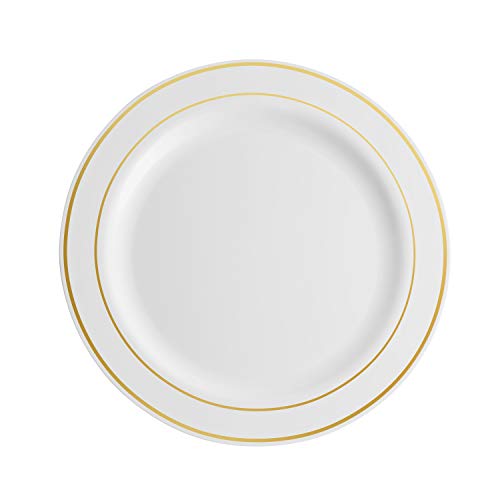 100 Piece Plastic Party Plates White Gold Rim (50 Count)